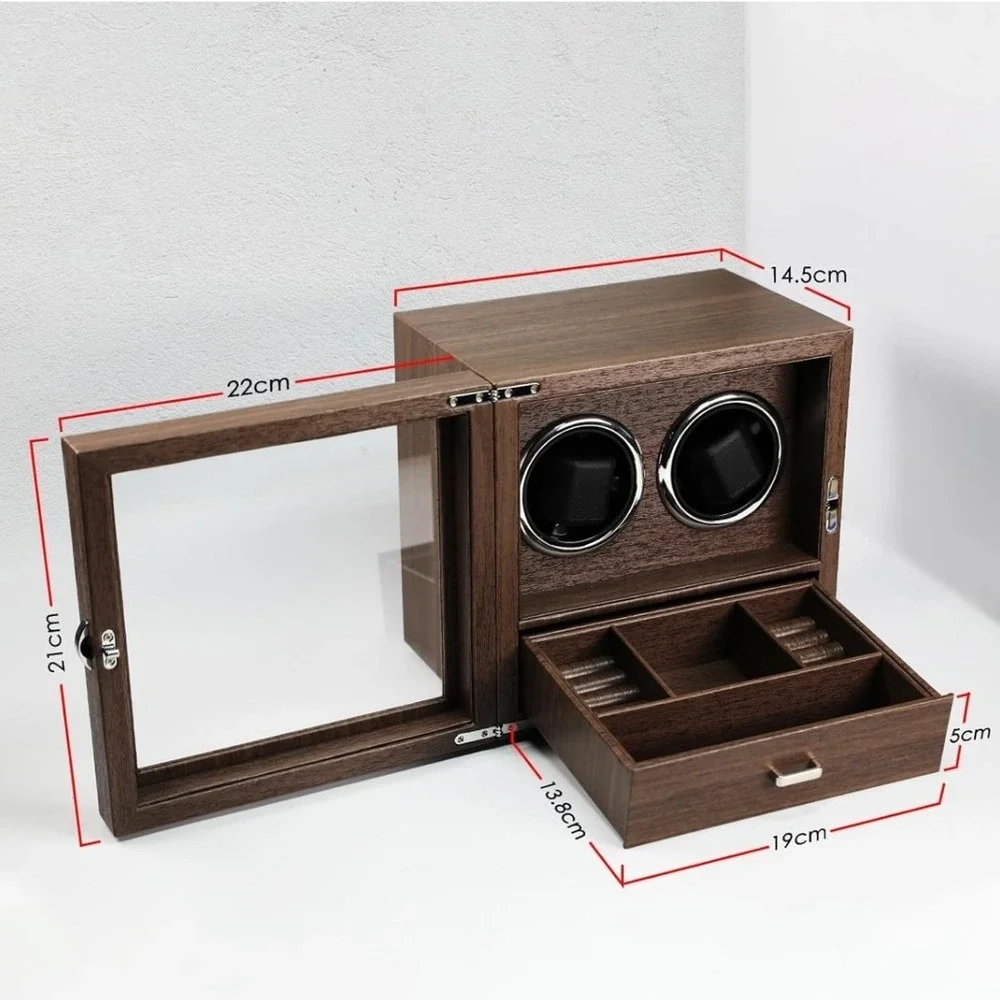 Double Automatic Watch Winder Jewelry Box Walnut Wood Rechargeable Dual Rotator